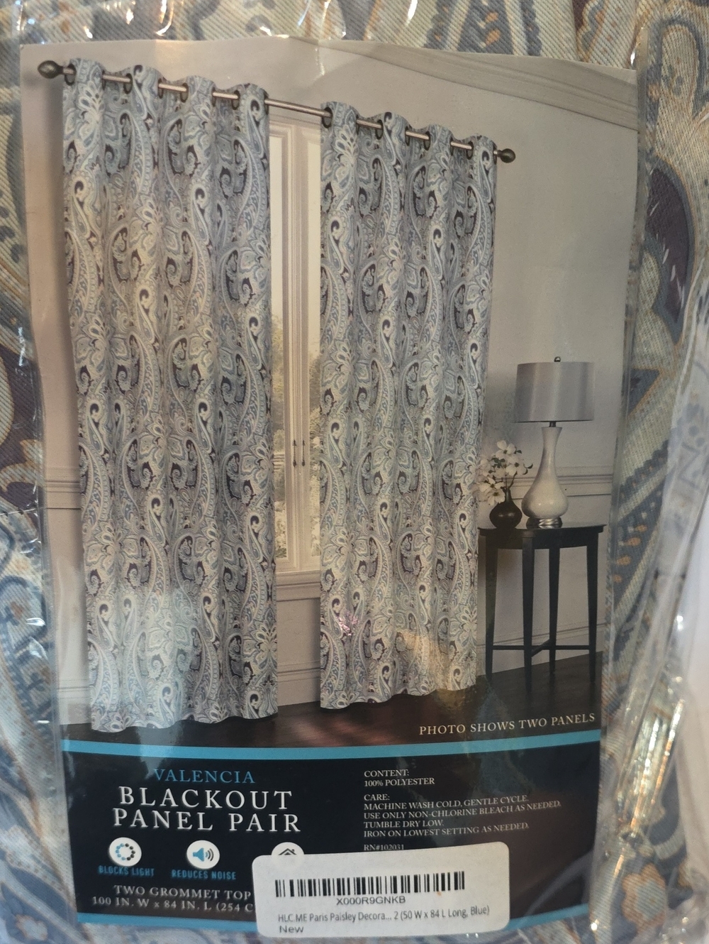 Valencia NEW Pair Blackout Curtain Panels Grommets Paisley Blue Beige 100x84